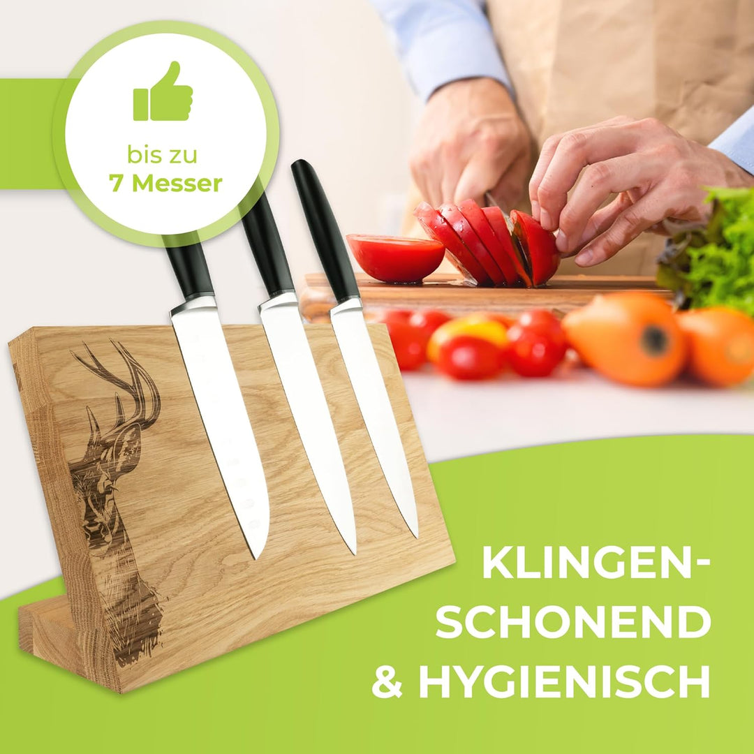Messerblock mit Hirschmotiv Magnetisch Messerhalter Messerbrett Holz Eiche Edler Holzblock ohne Mess