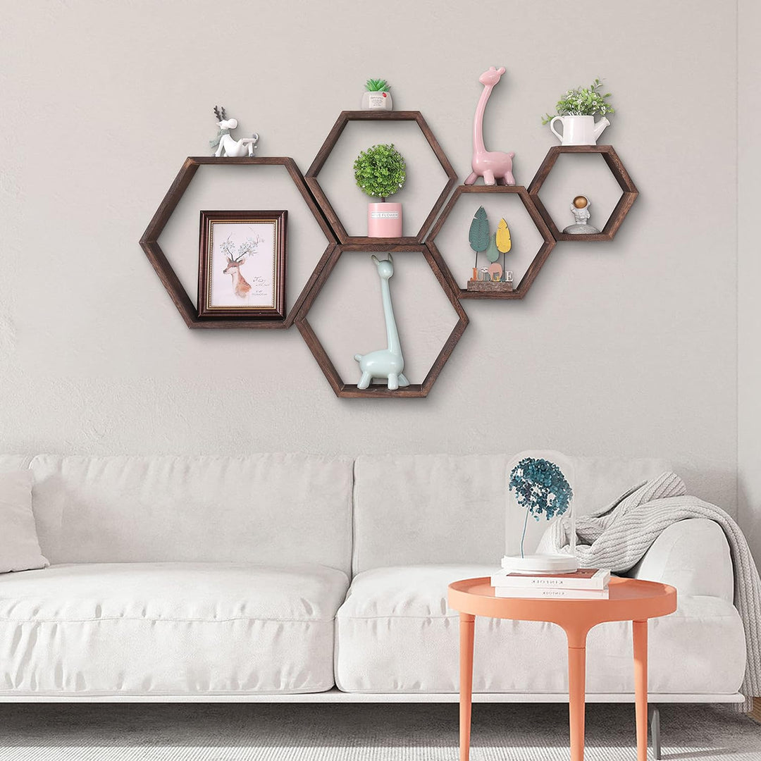 WONFUlity Sechseckiges schwebendes Regal-Set, Wandmontage, Holz, Bauernhaus-Aufbewahrung, Waben-Wand