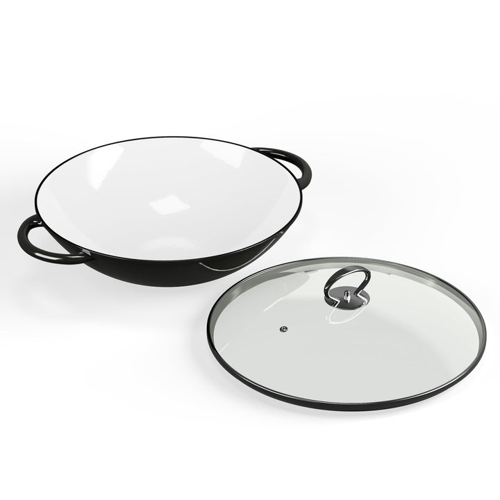 ToCis Big BBQ Wok-Pfanne aus Gusseisen, Emaillierte Pfanne &amp; Wok, Grosse &amp; Tiefe Beschichtete Pfanne