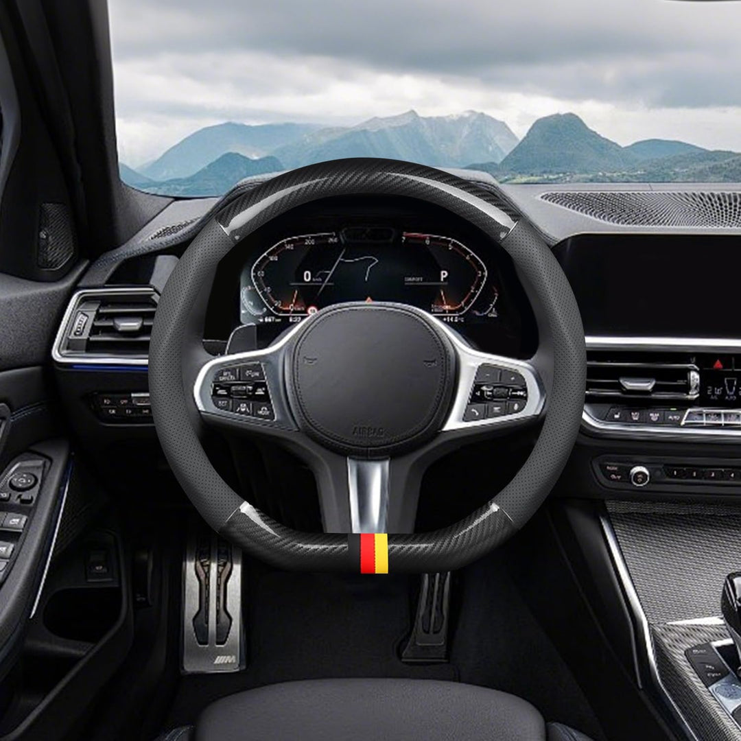 Ergocar Auto Lenkradbezug Rutschfester Auto Lenkradschutz D-Form Kohlefaser & PU Leder für Durchmess