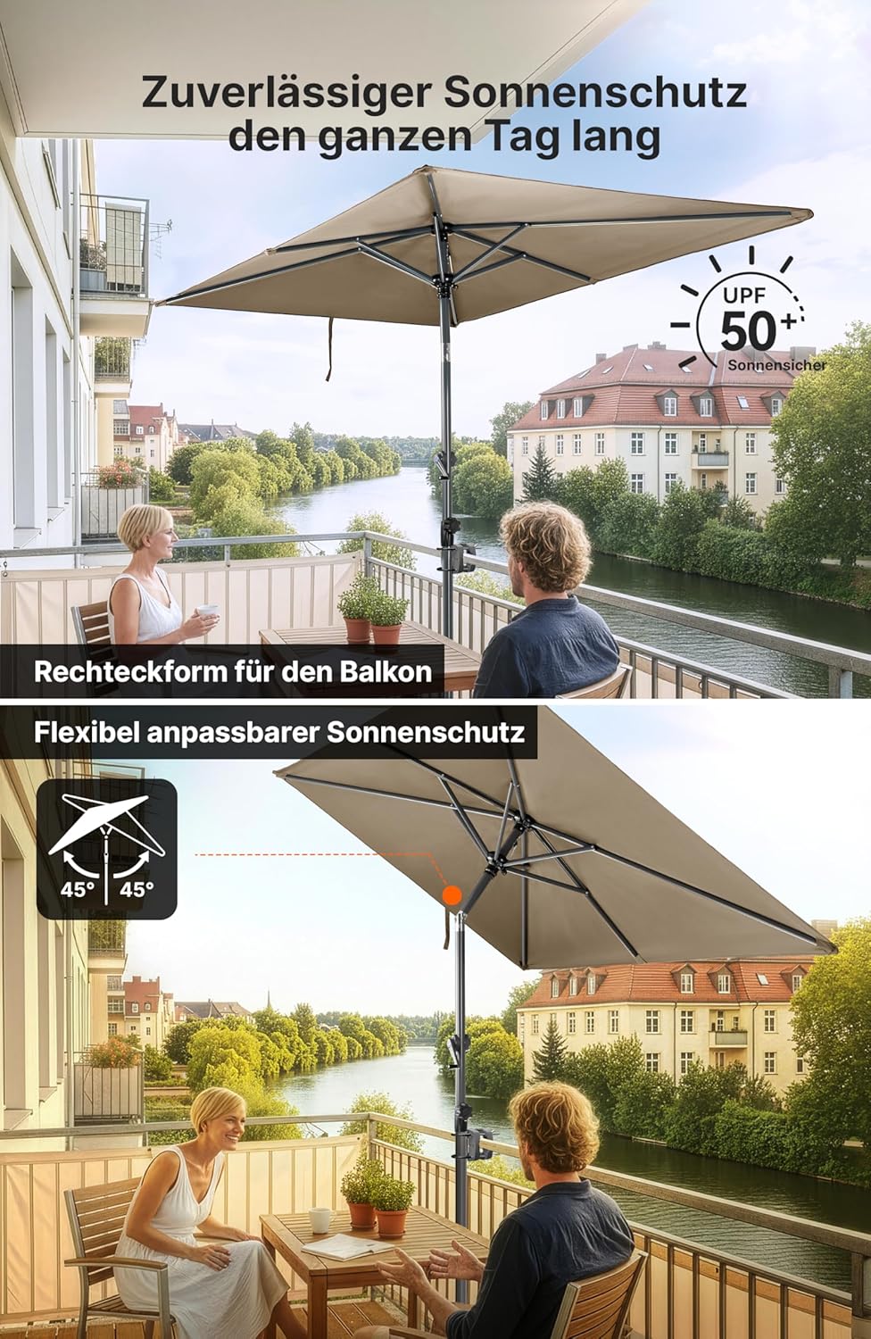 4smile Sonnenschirm Balkon mit Halterung im 3-er-Set, 210x140 cm, UV 50+, Sonnenschutz Balkon, Balko