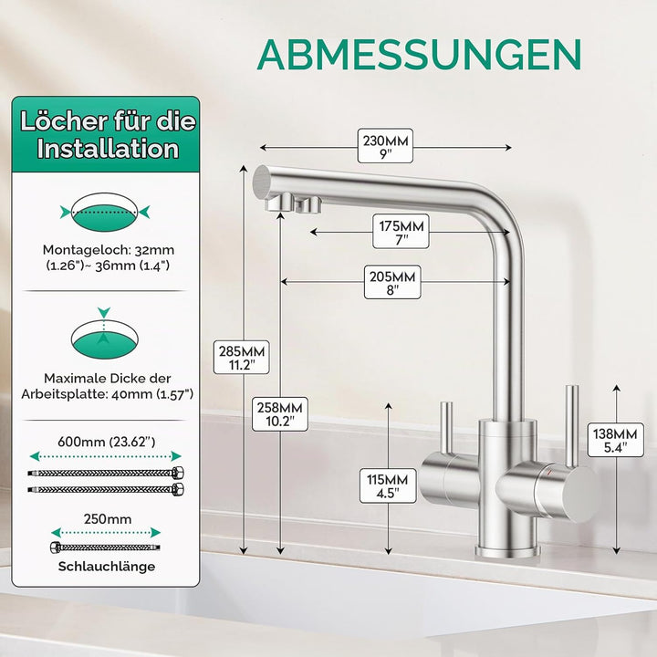 CREA 3 Wege Wasserhahn Küche Edelstahl, 360° Drehbar Küchenarmatur, 3 in 1 Mischbatterie Küche für W
