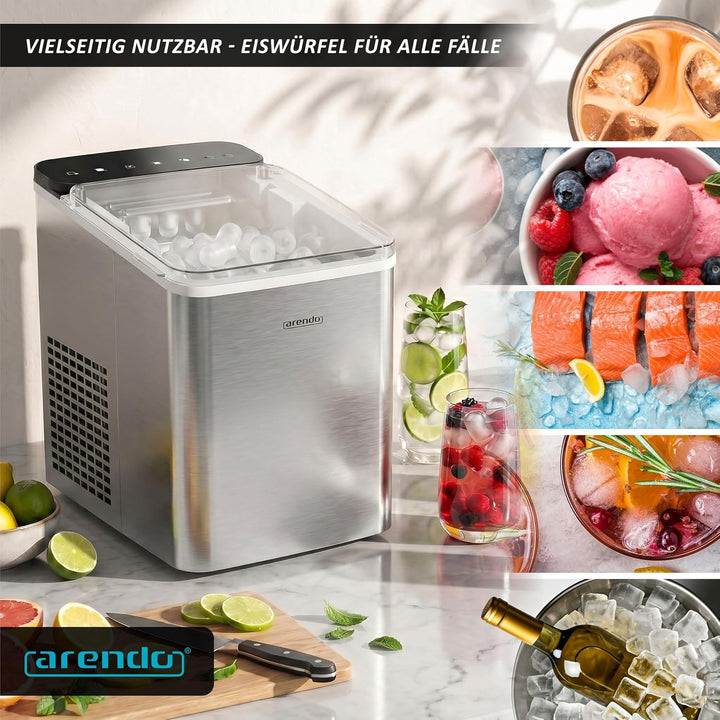 Arendo – Eiswürfelmaschine Edelstahl – Ice Cube Maker – 150 W – 12 kg Eis pro Tag – Automatische Abs