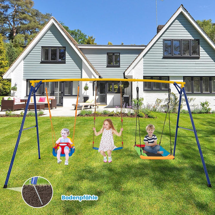 COSTWAY Schaukel mit Gestell Outdoor, Schaukelgestell Metall mit Erdspiessen | Schaukelgerüst mit Ne