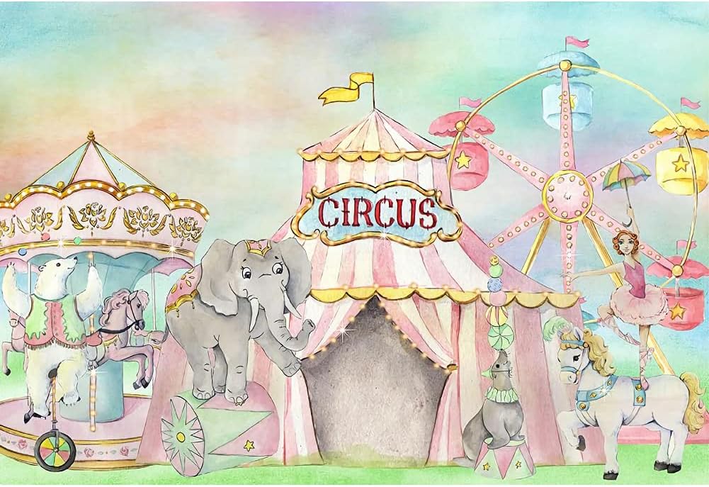 Renaiss 2.5x1.8m Karneval Zirkus Hintergrund Rosa Zelt Riesenrad Karussell Süsse Tiere Fotografie Hi