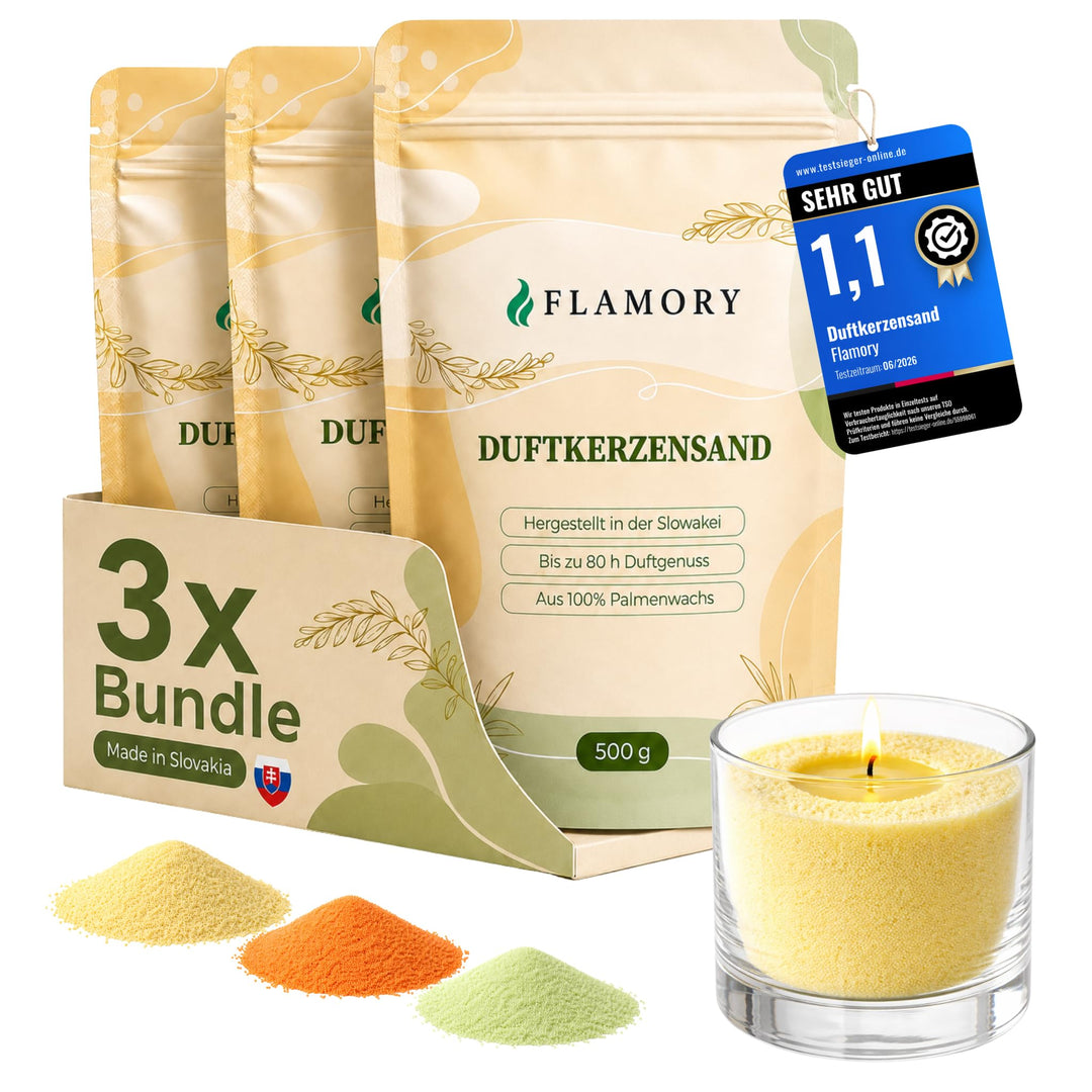 Kerzensand mit Duft 3x500g – Duftkerzensand [Orange/Citronella/Verbena] – 18 Dochte inklusive – 100%