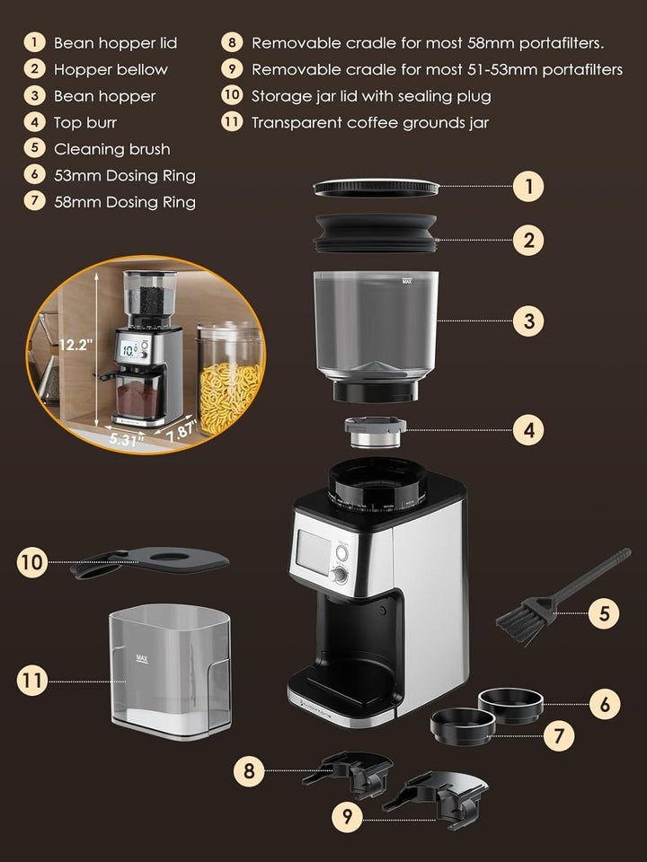 Homtone Elektrische Kaffeemühle für Siebträger und Behälter, 51 einstellbare Mahlgrade, Automatische