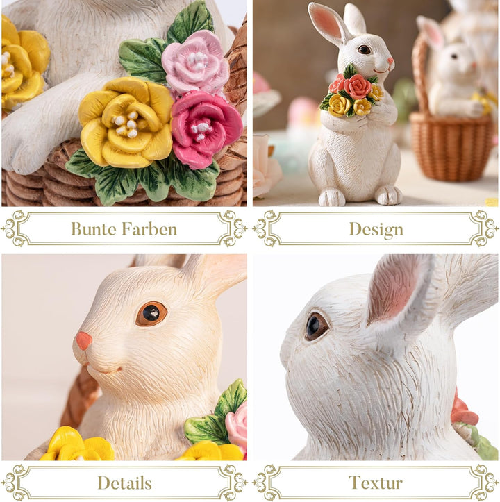 VALERY MADELYN 2 Stück Osterhasen für Osterdeko draussen,Dekohase Harz mit Osterkörbchen Blumen für