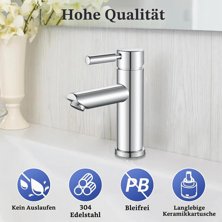 kisimixer Wasserhahn Bad, 304 Edelstahl Waschtischarmatur Mischbatterie Waschbecken Armaturen, Einhe