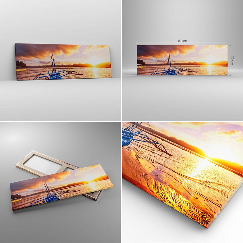 Panorama Bilder auf Leinwand Ufer Boot Strand Leinwandbild mit Rahmen 90x30cm Wandbilder Dekoration