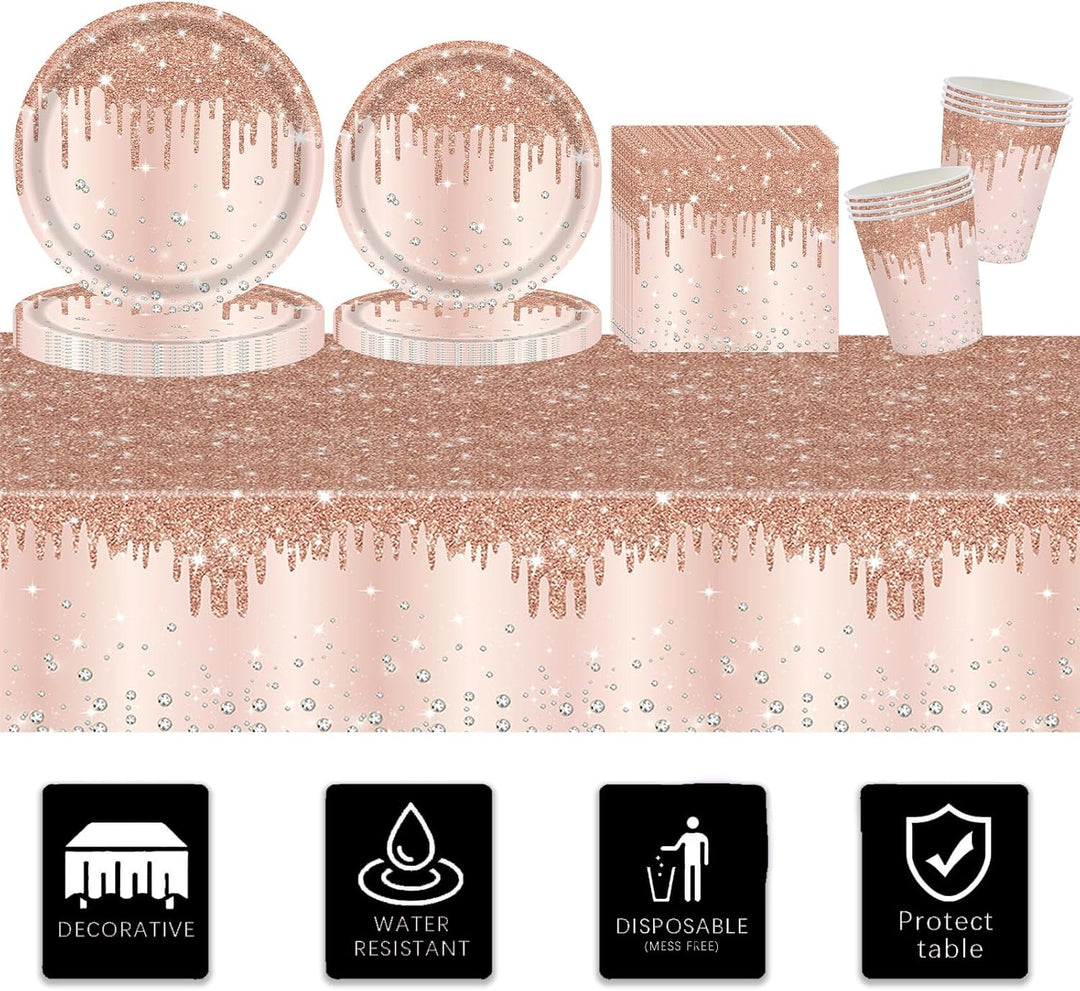 Roségold Partygeschirr,81 Stück Roségold Diamant Pappteller Set Pappteller, Pappbecher,Servietten un