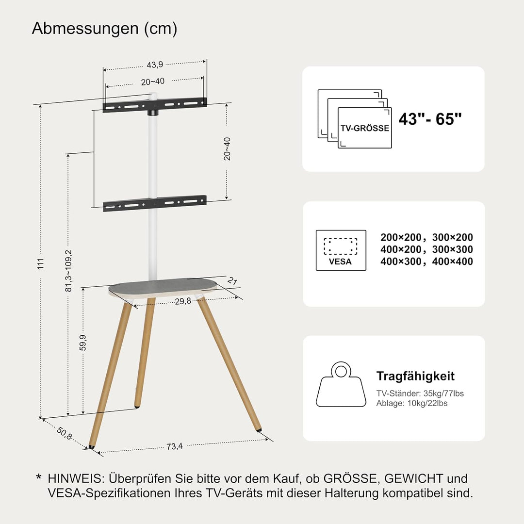 ECOTINY TV staffelei für 40 bis 65 Zoll LCD LED OLED Bildschirm bis zu 35 kg, höhenverstellbar und s