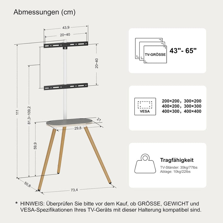 ECOTINY TV staffelei für 40 bis 65 Zoll LCD LED OLED Bildschirm bis zu 35 kg, höhenverstellbar und s