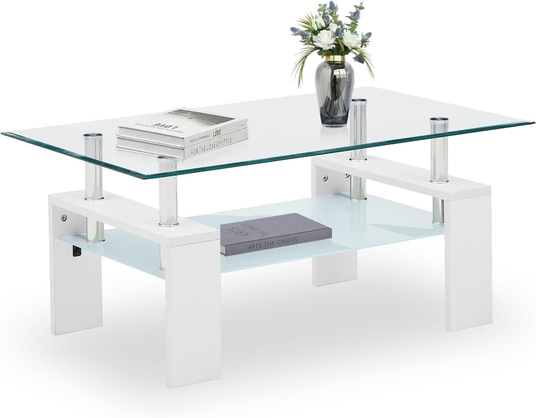 TUKAILAI Couchtisch Glas modern, Rechteckiger Wohnzimmertisch Beistelltisch mit unterer Ablage, Kaff
