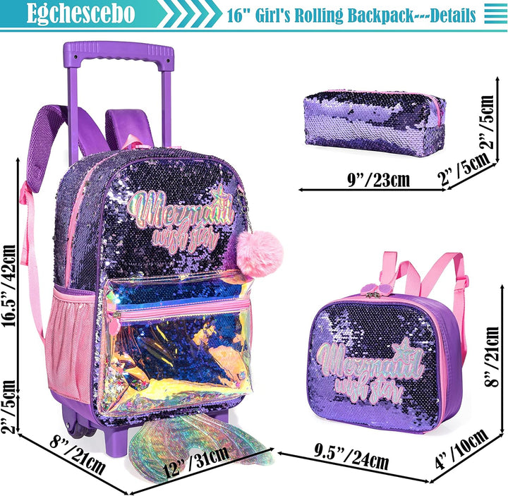 Schulranzen Kinder Rollrucksack für Mädchen Gepäck Rollen 16" Reiserucksäcke Violett-yuwei, Violett-