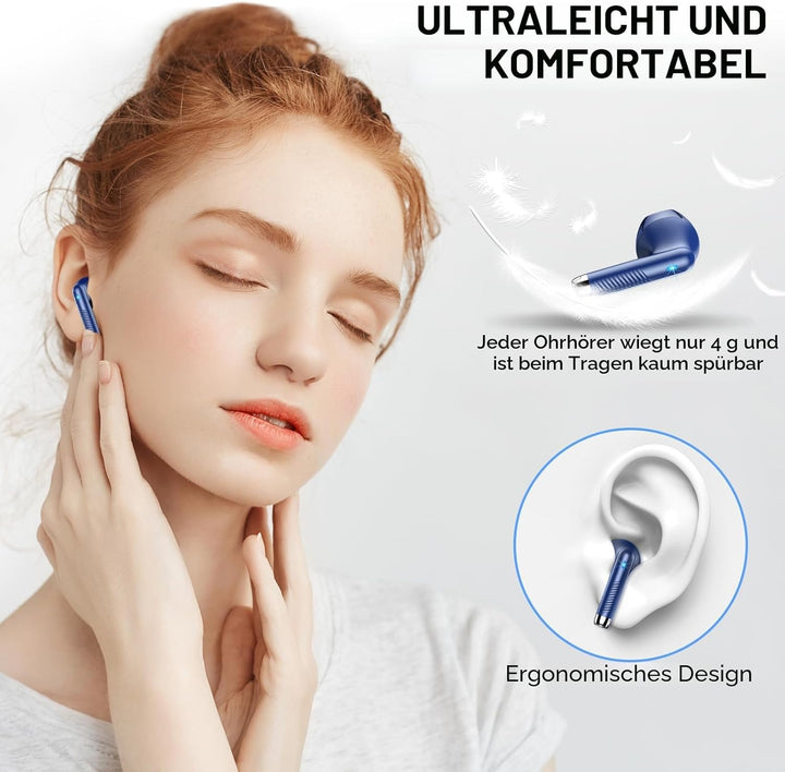 Bluetooth 5.4 Kopfhörer, In Ear Kopfhörer Kabellos mit 4 Mic, 48H Tiefer Bass Spielzeit Wireless Ear