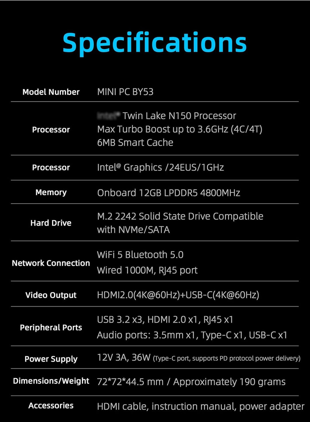 WayPonDEV BY53 Twin Lake N150 Mini Computer, Windows 11 Mini PC, LPDDR5 RAM mit Unterstützung für Zw