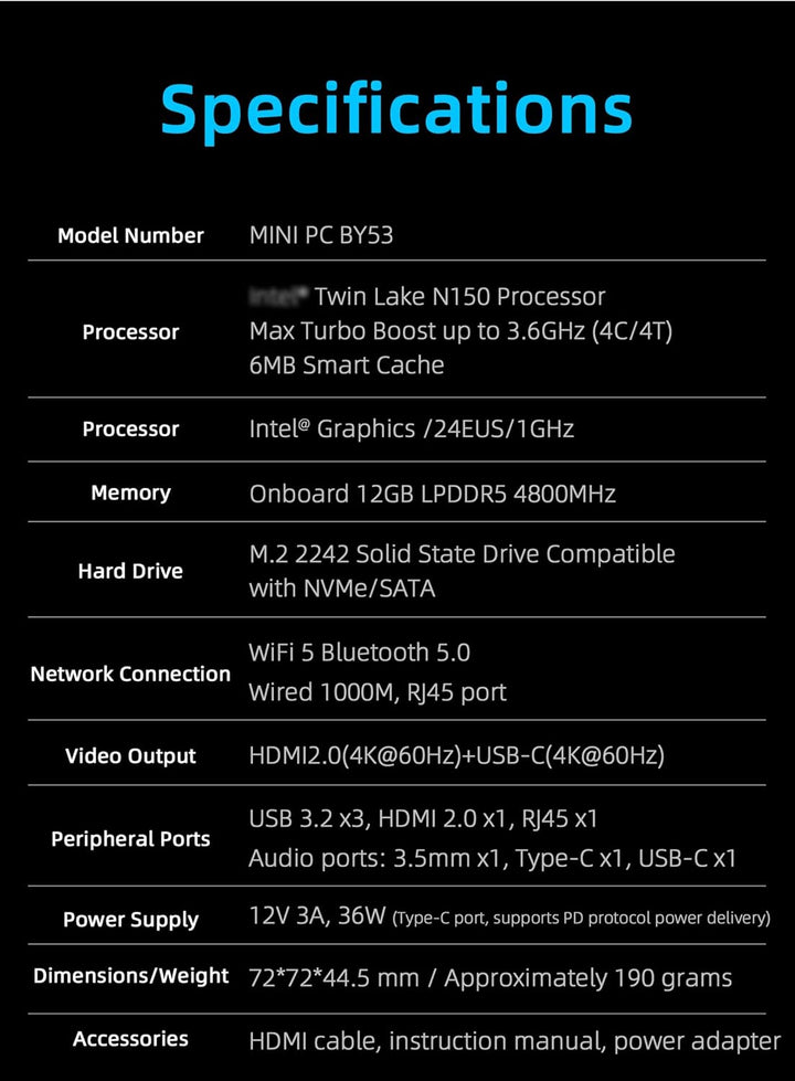 WayPonDEV BY53 Twin Lake N150 Mini Computer, Windows 11 Mini PC, LPDDR5 RAM mit Unterstützung für Zw