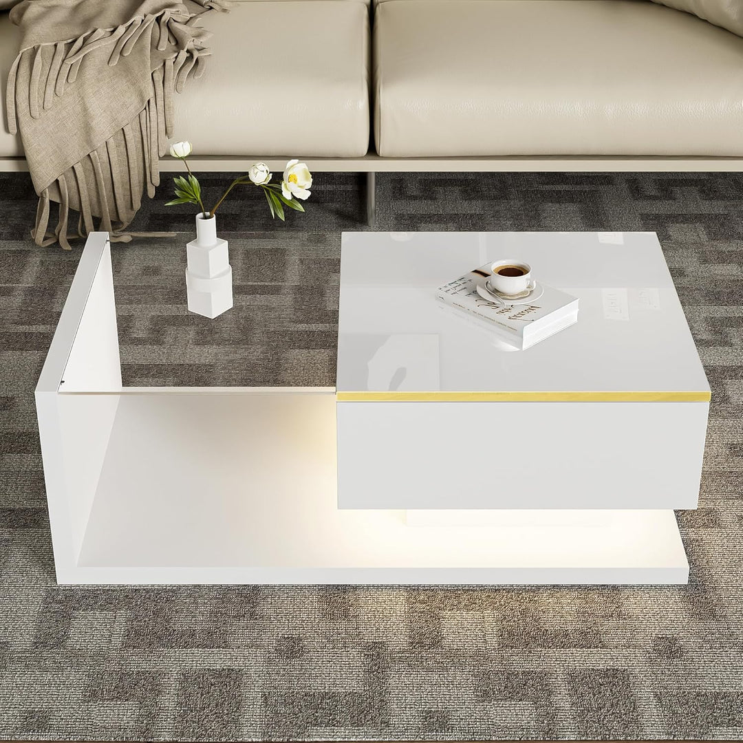 Merax Moderner LED Couchtisch, Wohnzimmertisch mit Stauraum, Hochglanz-Weiss Beistelltische, Couchti