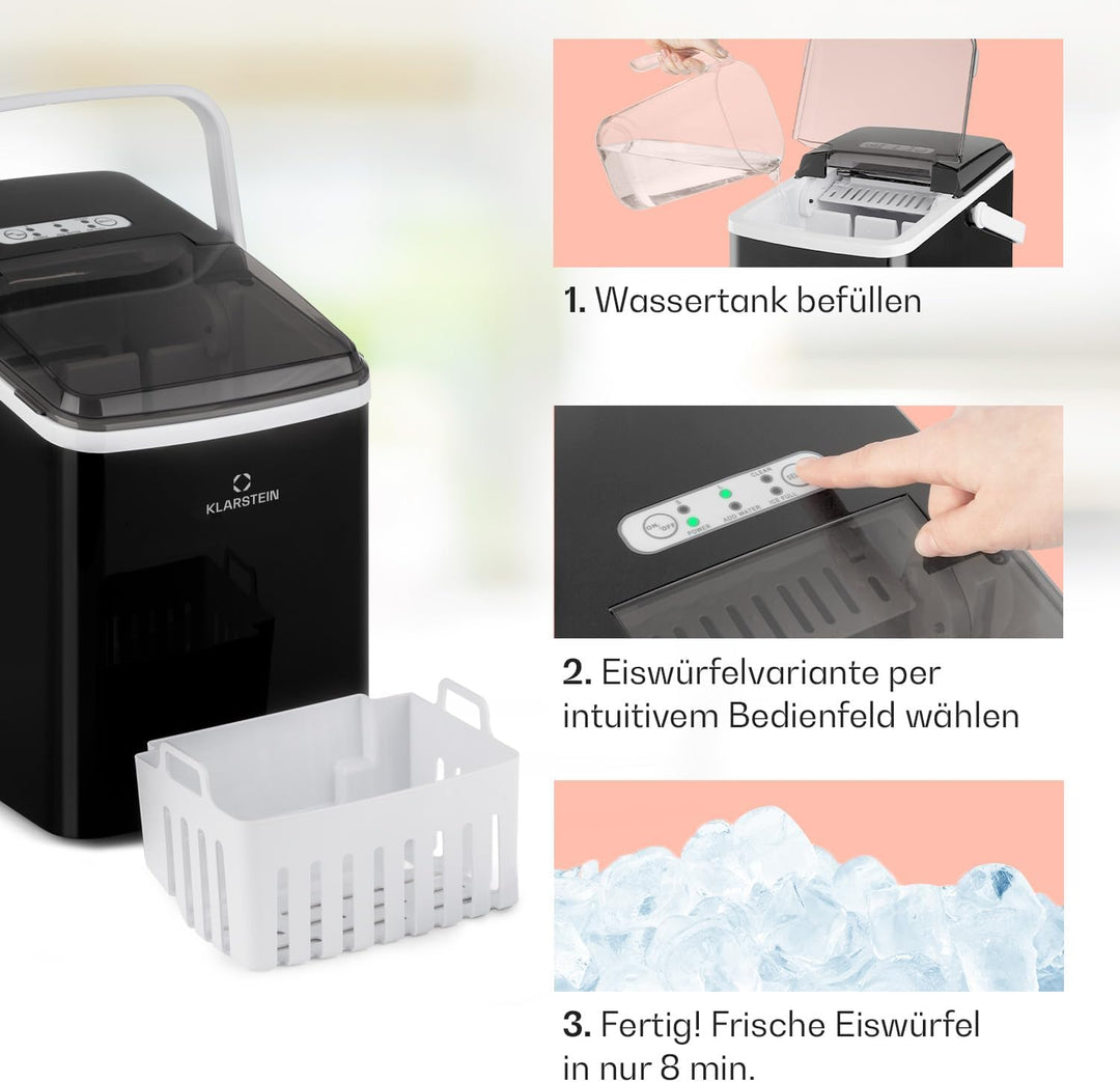 Klarstein Arctic Porter Eiswürfelmaschine, 12kg/24h, 2 Grössen, Produktionszeit: 8 Minuten, Eiswürfe