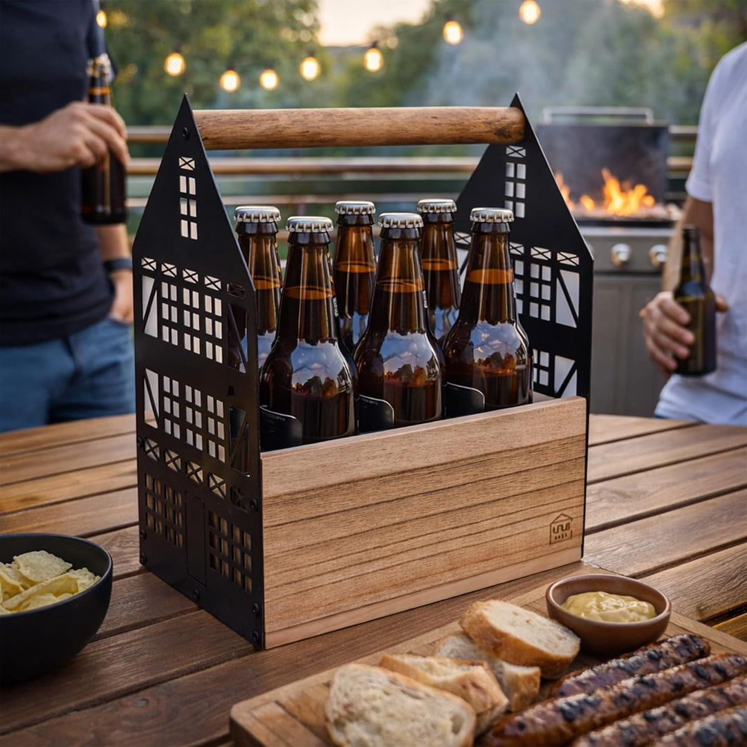 UNUS Bierträger Flaschenhalter für 6 Flaschen Fachwerk Design aus Bambus und Metall Hausbar Männerge