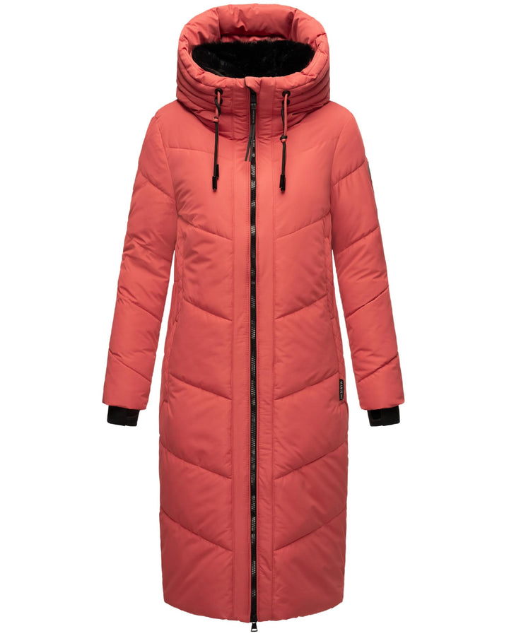MARIKOO Damen Wintermantel Warmer Steppmantel lang mit Kapuze und abnehmbarem Kunstfellkragen Nadare