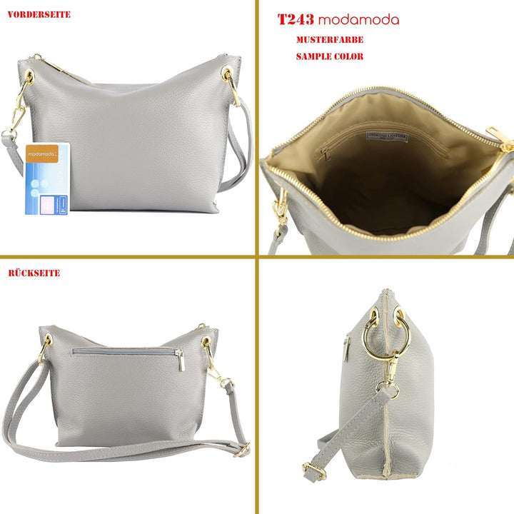 modamoda de - T243 - ital. Umhängetasche Klein Small aus Leder Roségold-metallic, Roségold-metallic