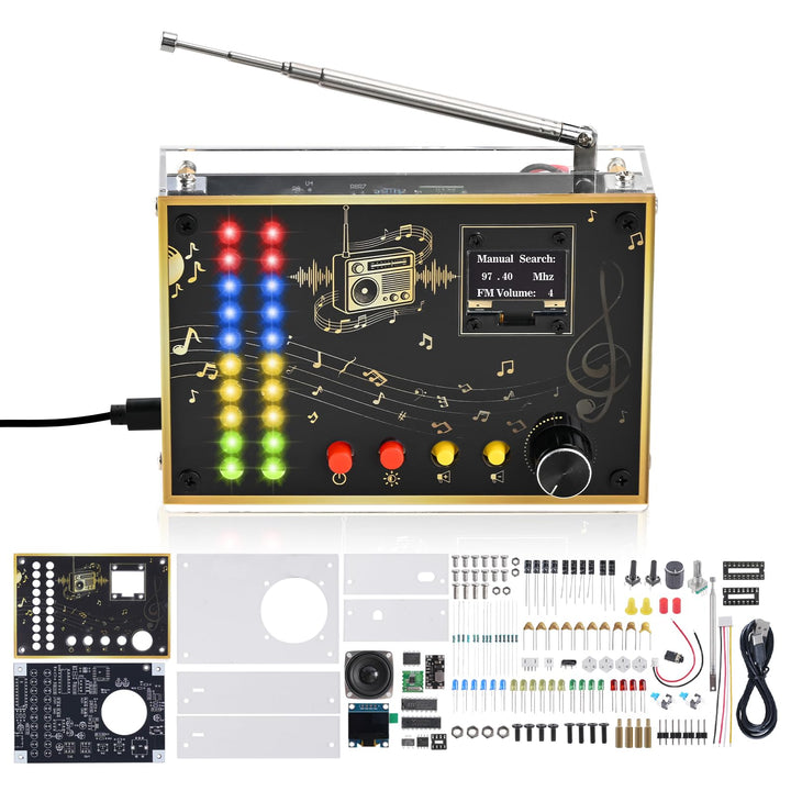 DIY FM Radio Lötbausatz, Elektronik Bausatz zum Löten mit OLED Display, LED Spektrum Anzeige, UKW 88