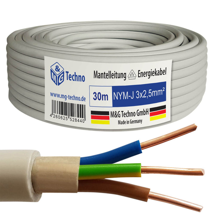 M&G Techno 30m NYM-J 3x2,5 mm² Mantelleitung Feuchtraumkabel Elektrokabel Kupfer Made in Germany 30m