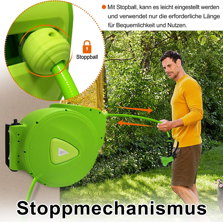 Wand-Schlauchbox 30m – Gartenschlauch Aufroller mit 9 Sprühfunktionen, Wandhalterung 180° drehbar, P
