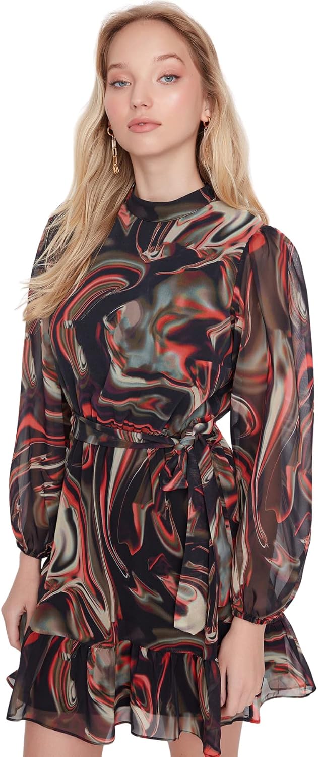 TRENDYOL Damen Woman Mini Skater V-Ausschnitt Webstoff Kleid 40 Schwarz, 40 Schwarz