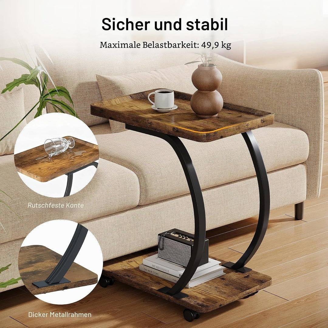 LITTLE TREE Beistelltisch mit Rollen, C-Form Beistelltische, Schmaler Sofatisch für kleines Wohnzimm