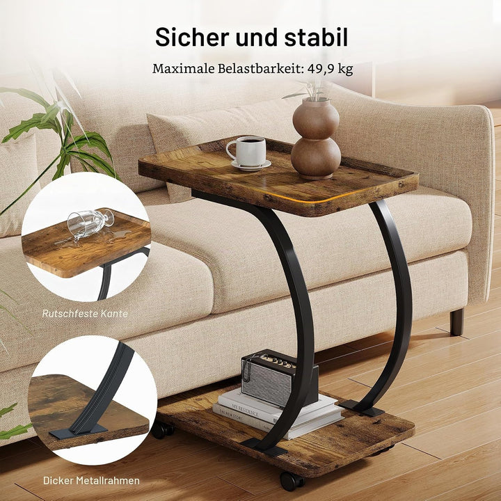 LITTLE TREE Beistelltisch mit Rollen, C-Form Beistelltische, Schmaler Sofatisch für kleines Wohnzimm