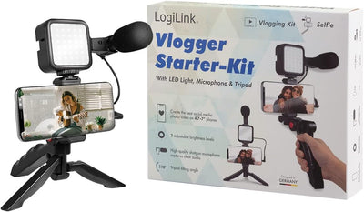 LogiLink Vlogger Kit mit LED-Licht (36 LEDs), Shotgun-Mikrofon + Stativ, für 4,7–7" Smartphones, Sch