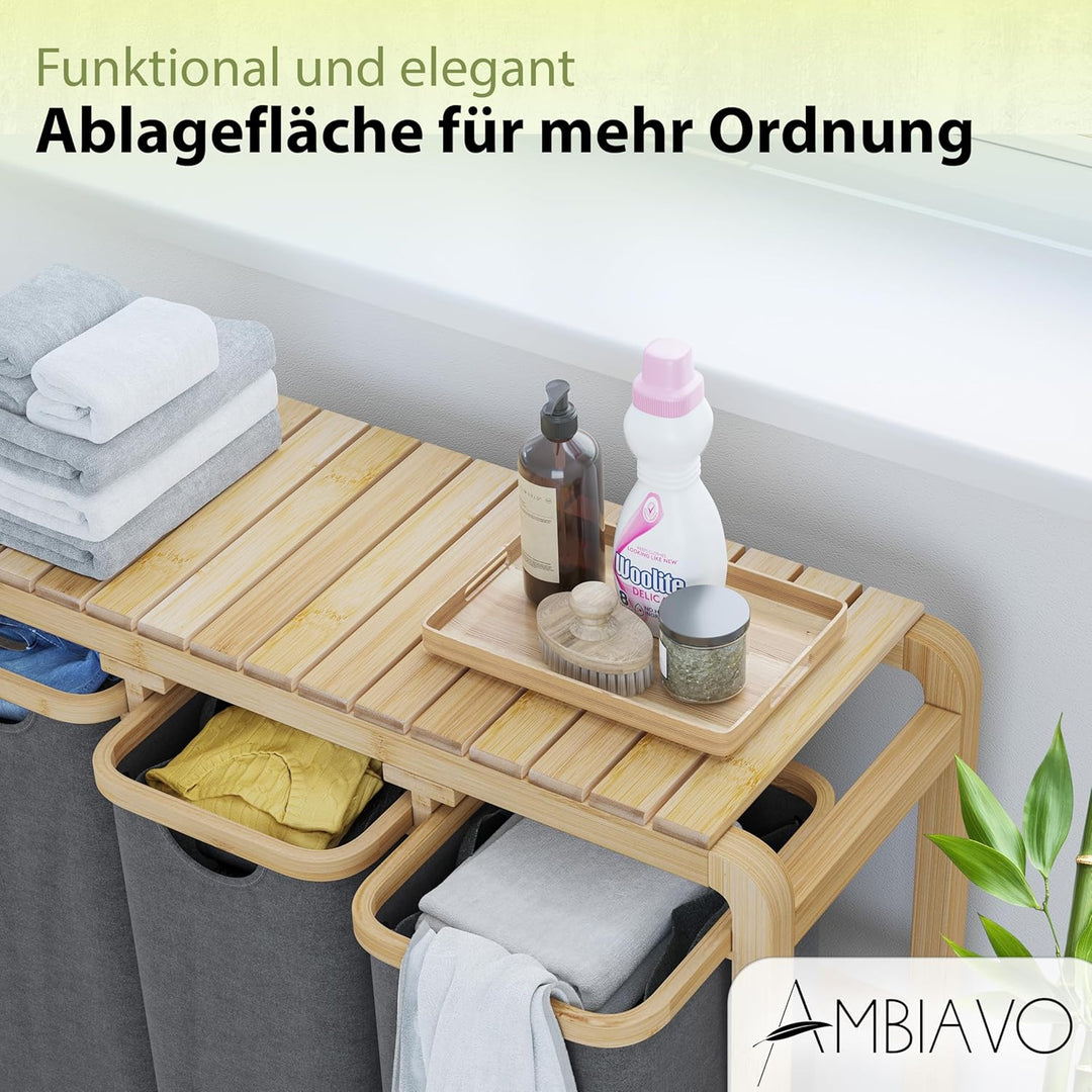 Wäschekorb 3 Fächer grau · Wäschesammler mit Ablage · Bambus | Warme Holz-Optik, schmal, riesiges Vo