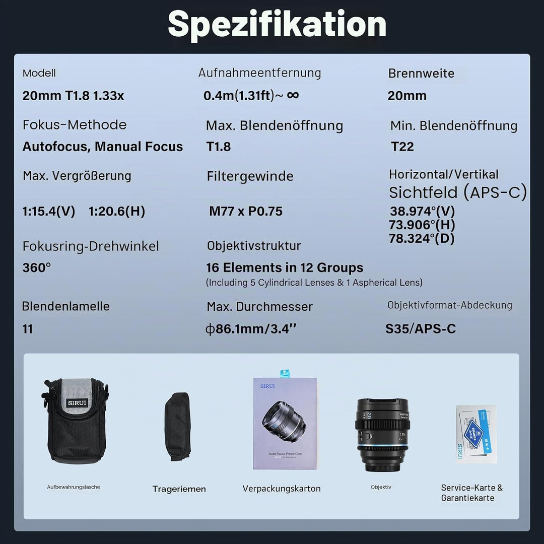 SIRUI 20mm T1.8 1.33x Anamorphisches Objektiv, S35 Autofokus-Objektiv für Z-Mount Kameras – kompatib