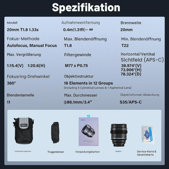 SIRUI 20mm T1.8 1.33x Anamorphisches Objektiv, S35 Autofokus-Objektiv für Z-Mount Kameras – kompatib