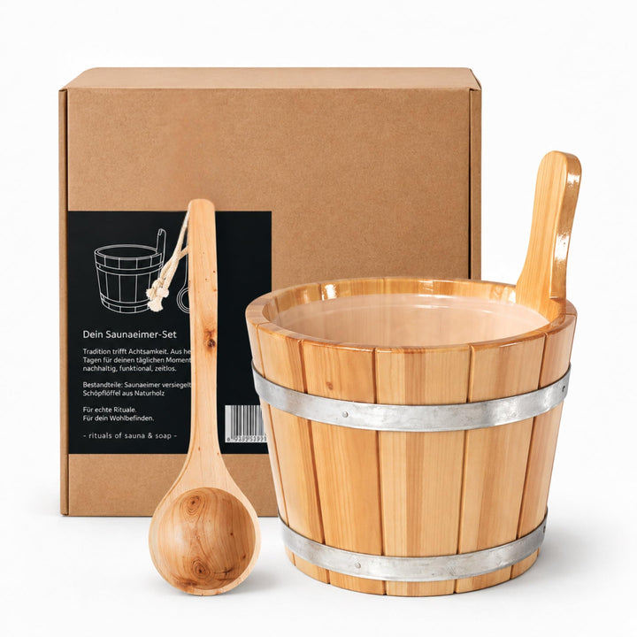 Sauna-Eimer mit Saunakelle aus 100% nordischer Fichte | Deutsches Qualitätsprodukt | 5 Liter Füllvol