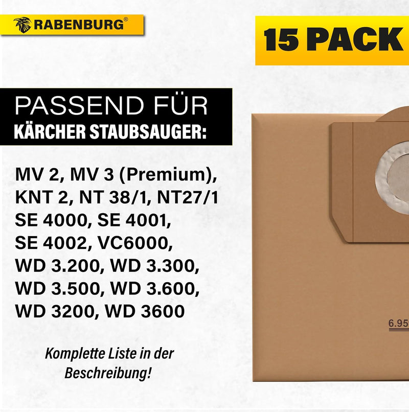 15x Staubsaugerbeutel kompatibel mit Kärcher Staubsauger Premium WD3 WD3 WD1 MV3 MV2 WD 3 P Extensio