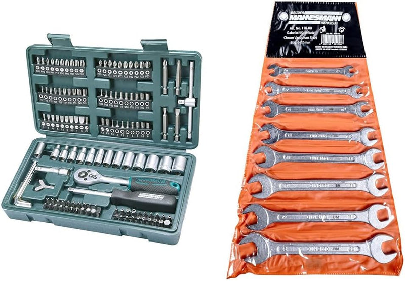 Brüder Mannesmann M29166 Steckschlüssel und Bitsatz, 130-tlg & M 110-08 Gabelschlüsselsatz, 8-tlg, 6
