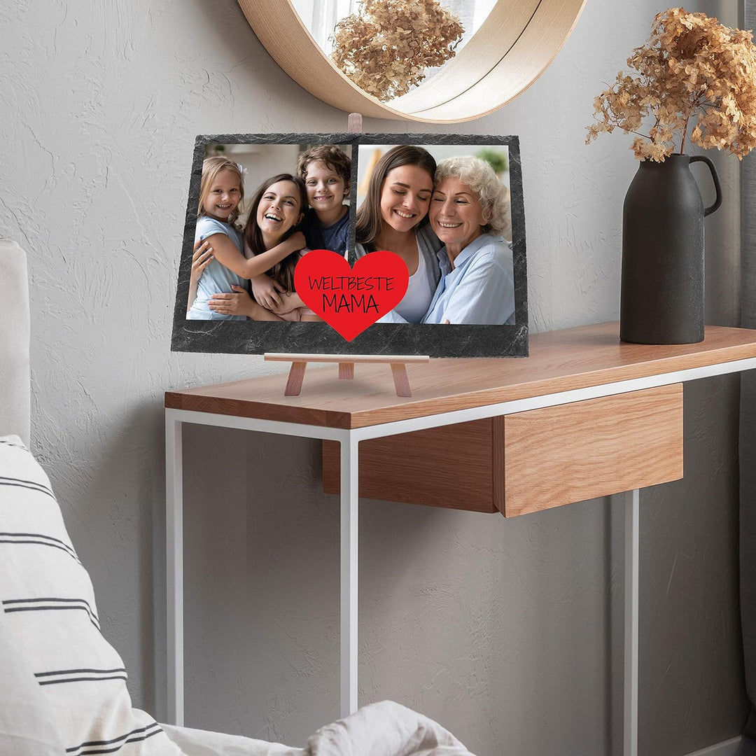 wandmotiv24 Schiefertafel Beste Mama, Personalisiert mit Ihren Farbfotos, Aufstellschild 2 Bilder in