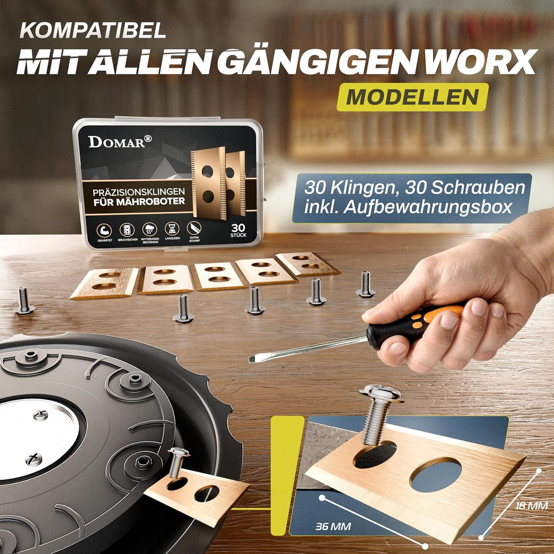 Domar - Langlebige Mähroboter Messer passend für Worx Landroid inkl. Schrauben I Verbesserte Mährobo