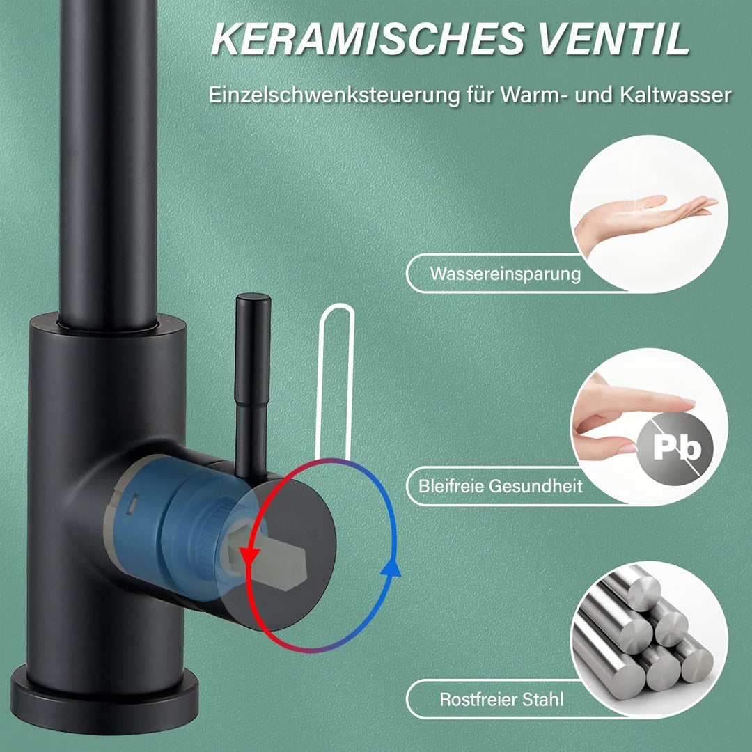 Wasserhahn Küche Schwarz Küchenarmatur Mischbatterie mit Brause Ausziehbar Hochdruck 360° Schwenkbar