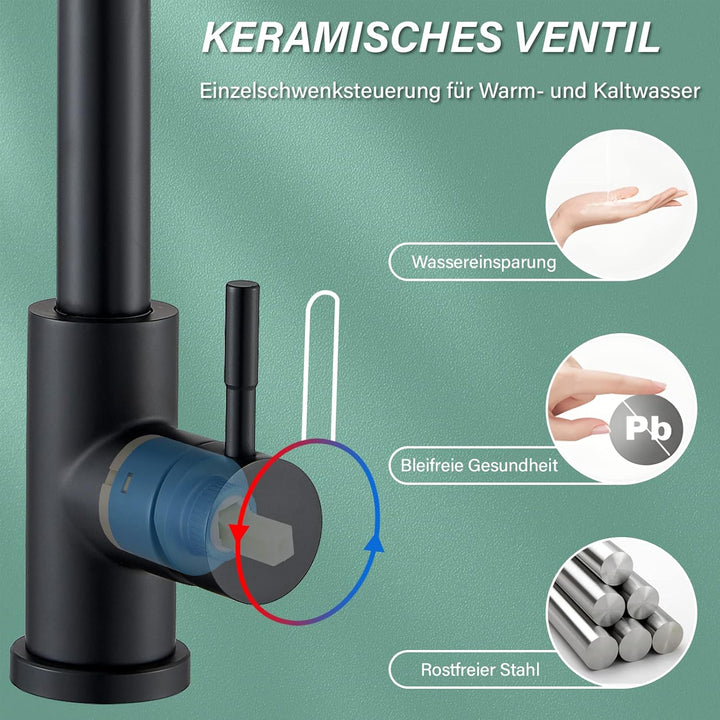 Wasserhahn Küche Schwarz Küchenarmatur Mischbatterie mit Brause Ausziehbar Hochdruck 360° Schwenkbar