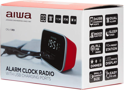 Aiwa CRU-19RD Radiowecker, Rot, digital, doppelte USB-Aufladung zum Aufladen von Smartphones und Tab