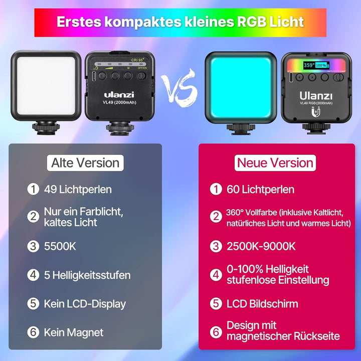 LED Videoleuchte RGB mit Eingebautem Akku, Mini Dimmbare Videolicht 2500K-9000K, Kamera Licht Dauerl
