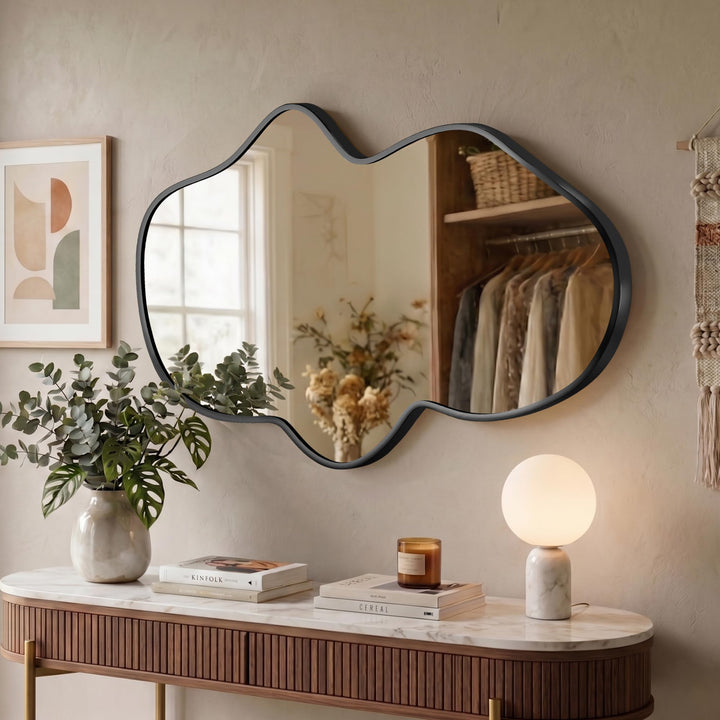 Wavy Wandspiegel, Unregelmässiger Metallrahmenspiegel für Badezimmer, Schlafzimmer &amp; Flur, Asymmetri