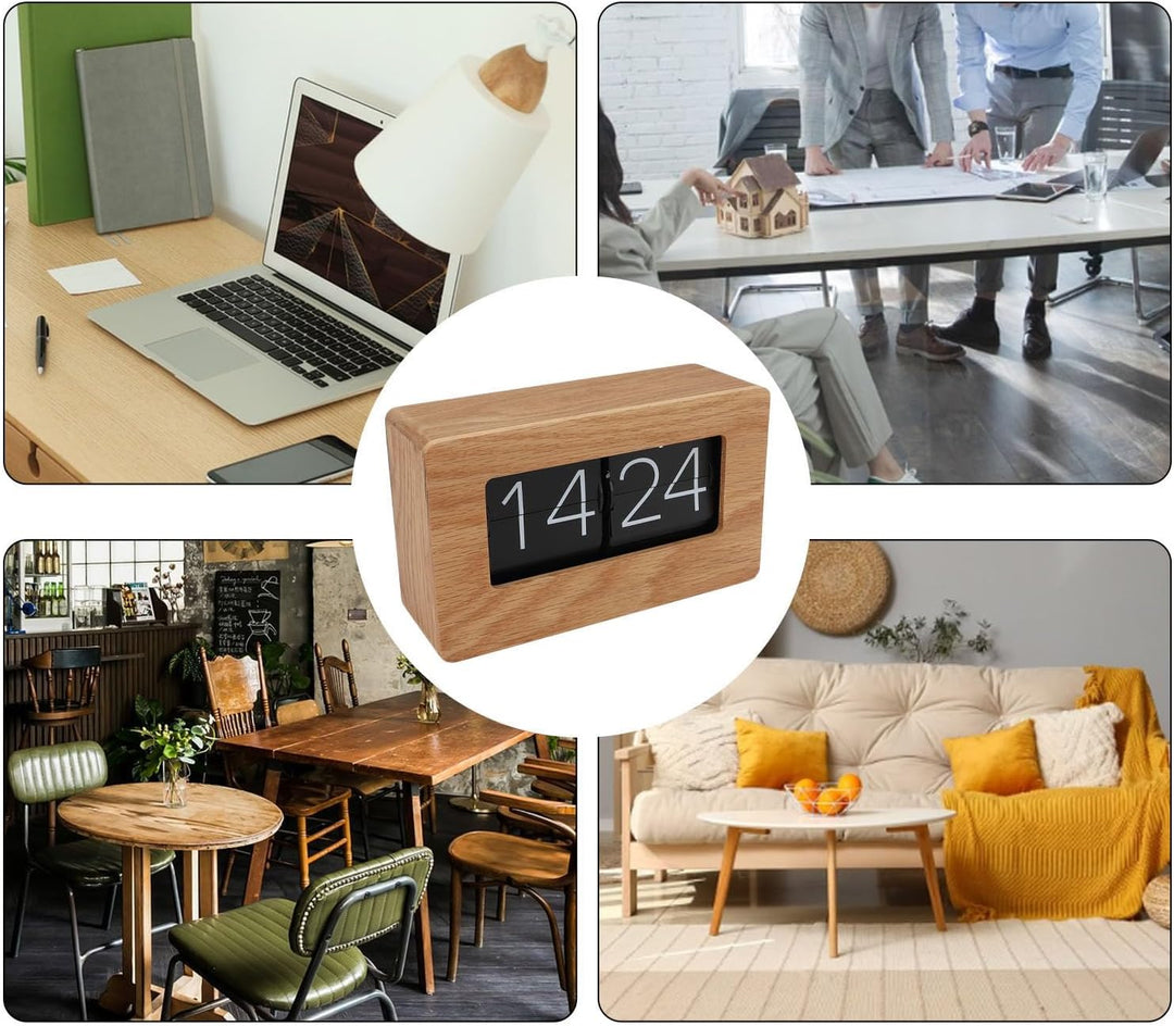 Qcwwy Flip-Uhr Retro mit Holzdesign, Automatische Klappmechanik Digitaluhr, Geräuschlose Tischuhr im