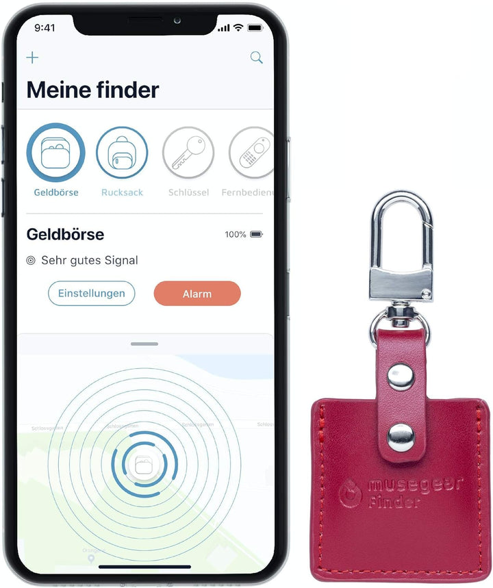 musegear Schlüsselfinder mit Bluetooth App aus Deutschland in Bordeaux roter Leder-Tasche I Finder h