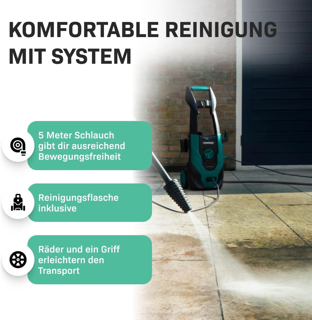 VONROC Hochdruckreiniger 110bar - Fassadenreiniger für einfache Reinigungsarbeiten [1400W] - Durchfl